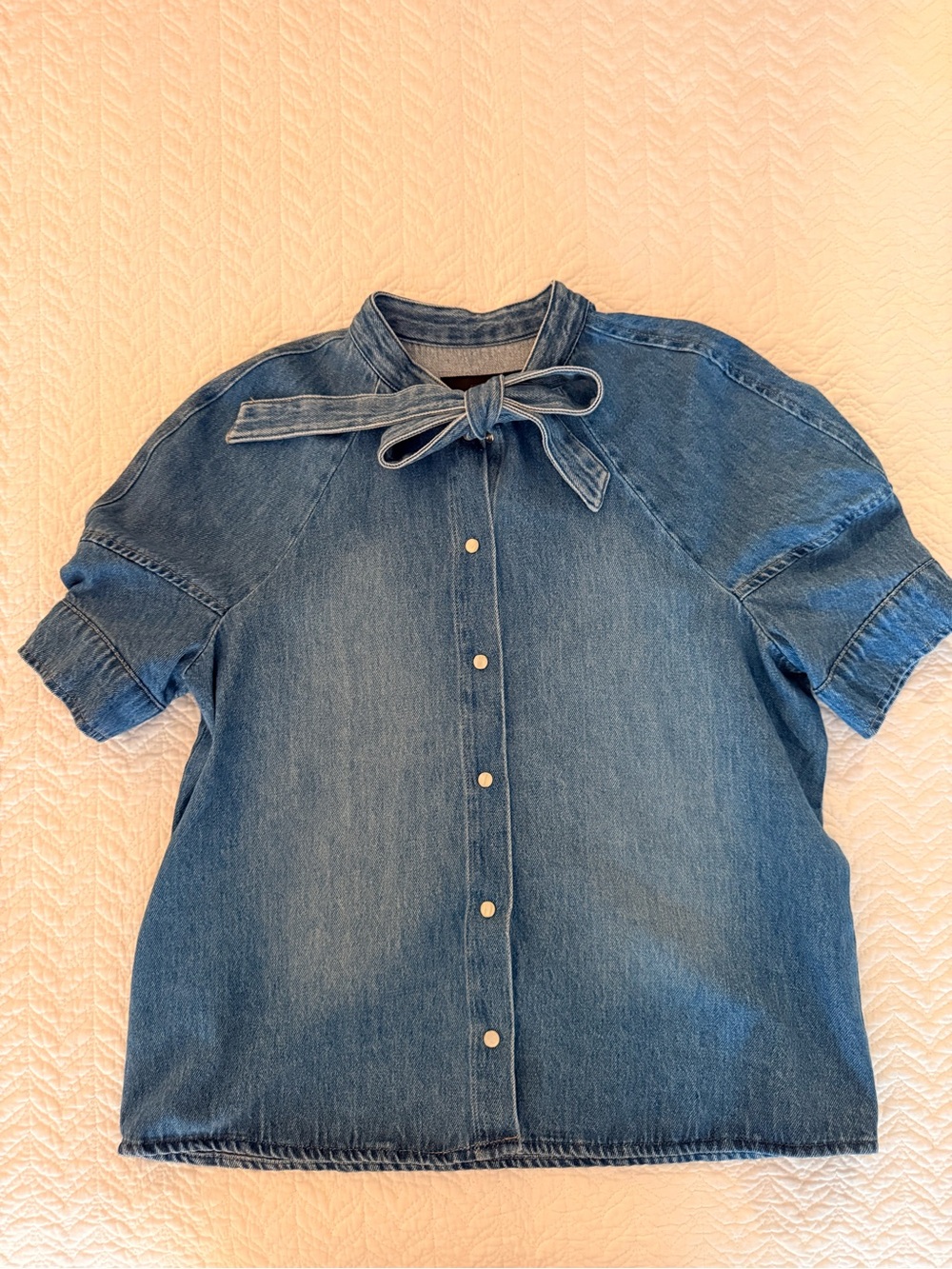 Zara Light Blue Denim Button-Up Top with Tie